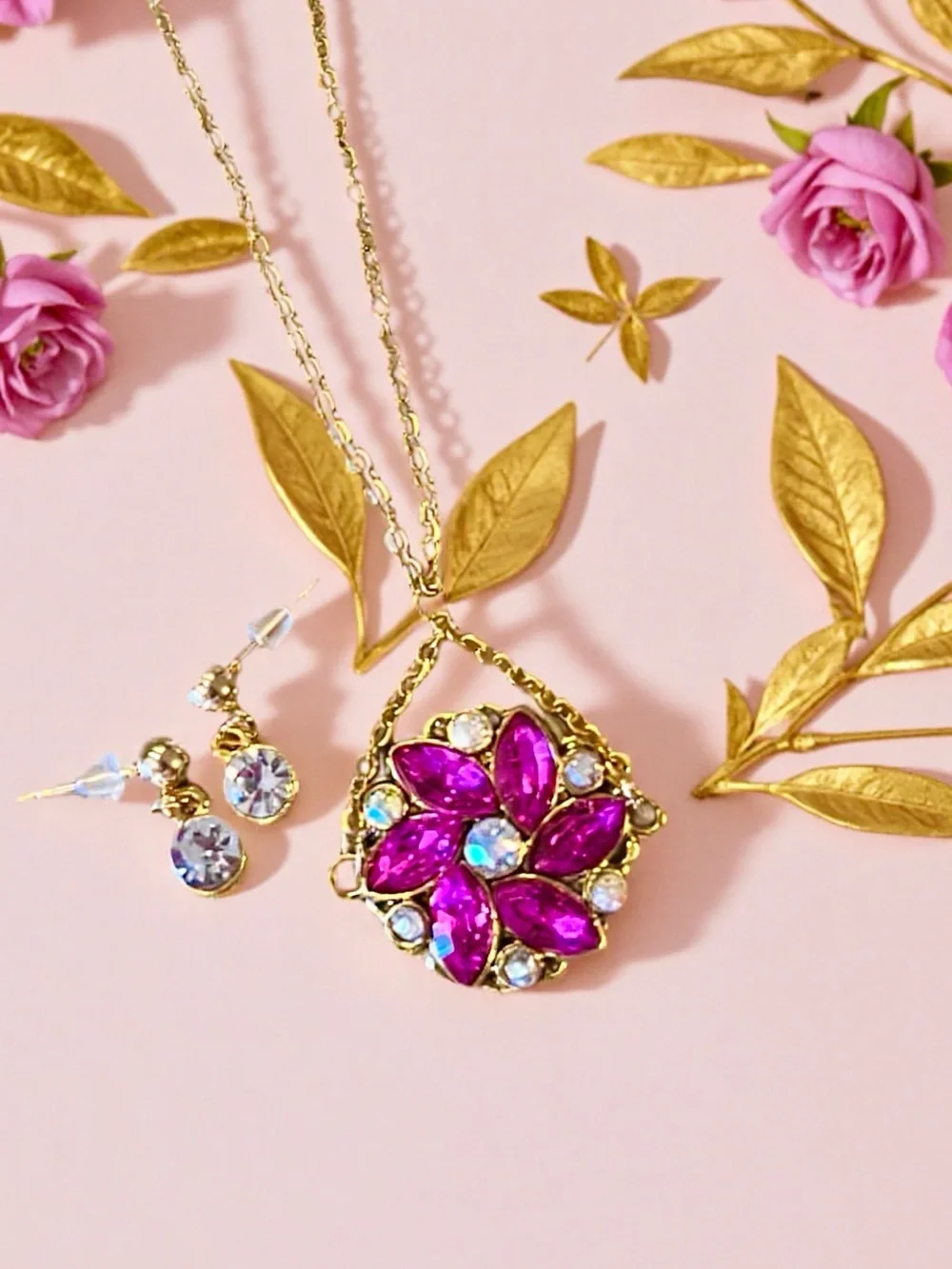 Gold-Tone Fuchsia Crystal Flower Pendant Necklace and Earring Set